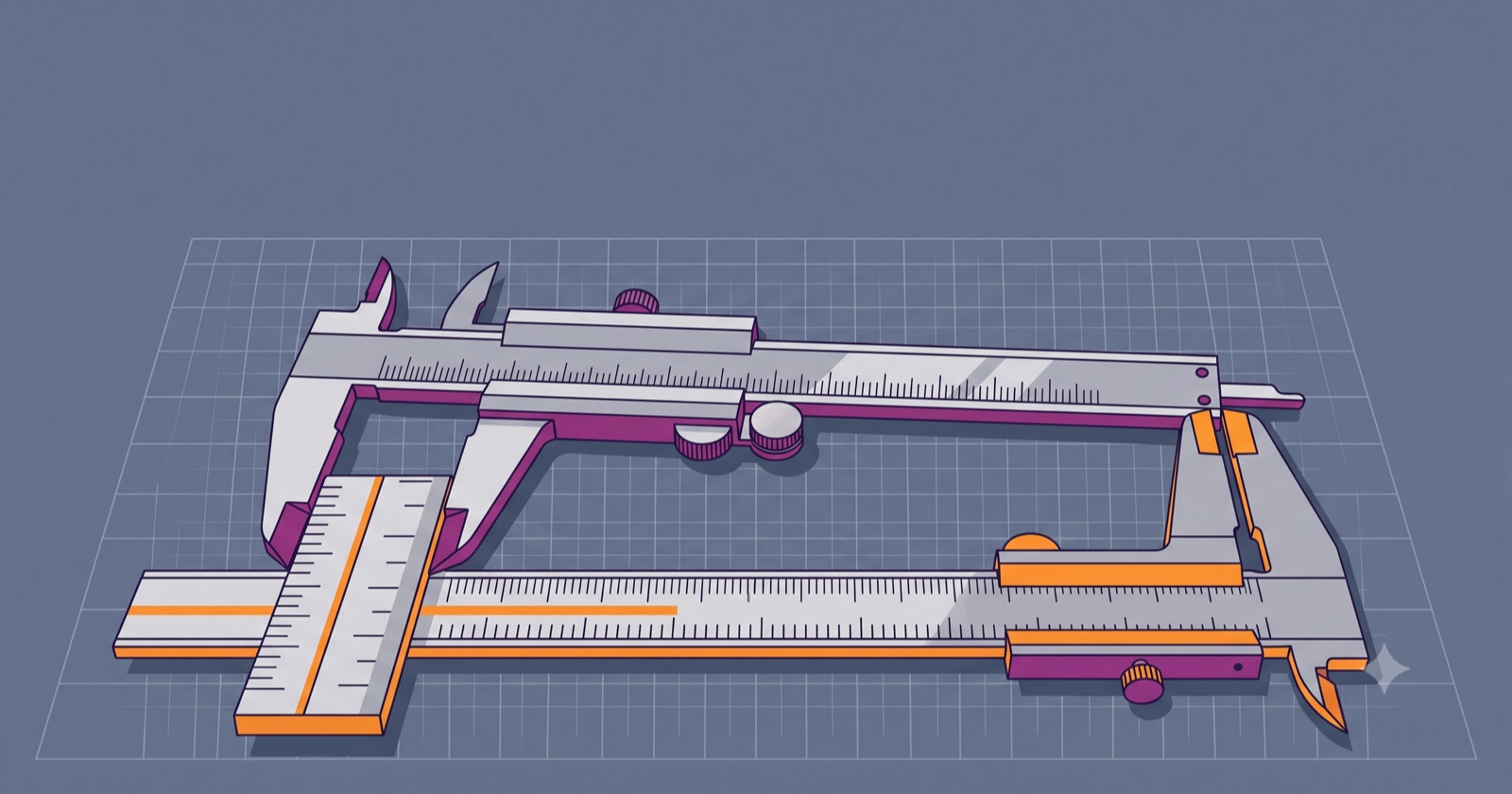 Illustration of a large vernier caliper measuring a ruler that in turn measures a smaller caliper, arranged in a loop over a faint blueprint grid.