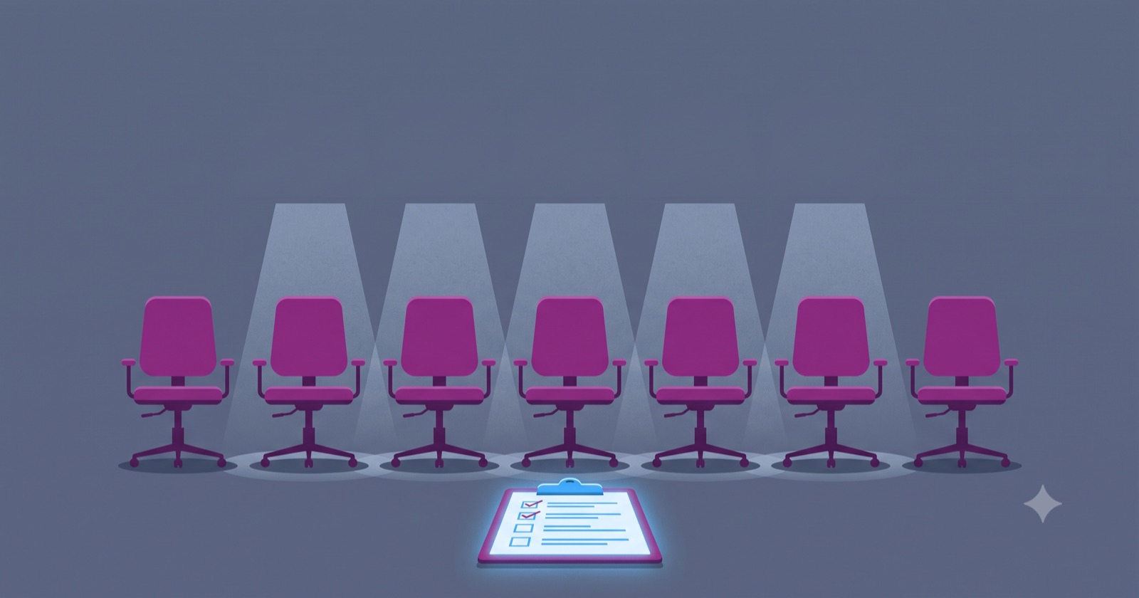 Illustration of seven empty office chairs in a row under spotlights, with a glowing checklist clipboard on the floor in front of them.
