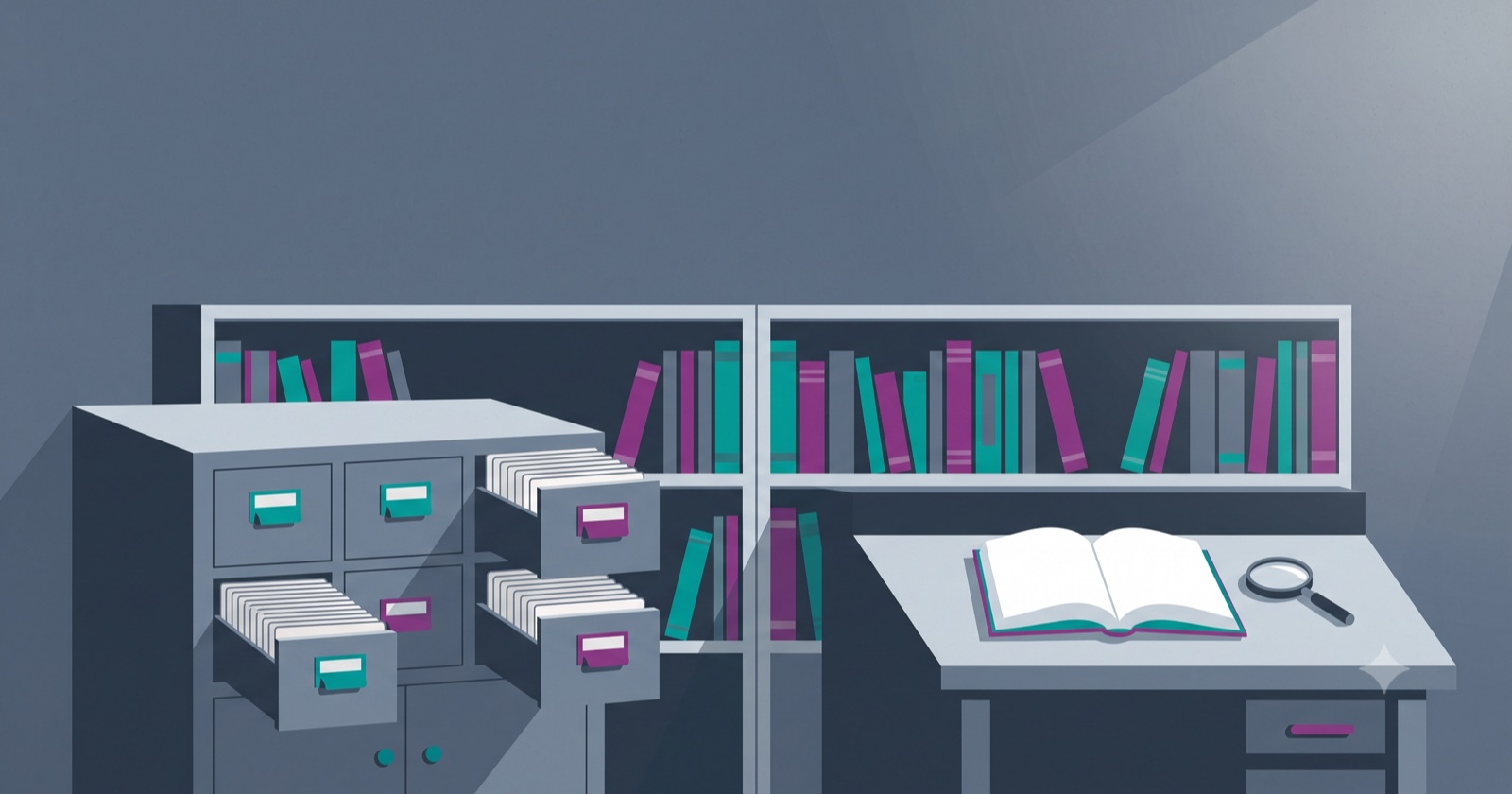 Illustration of a library corner: card catalogue drawers pulled open with filed index cards beside a reading desk holding an open book and a magnifying glass, with a shared bookshelf behind both.