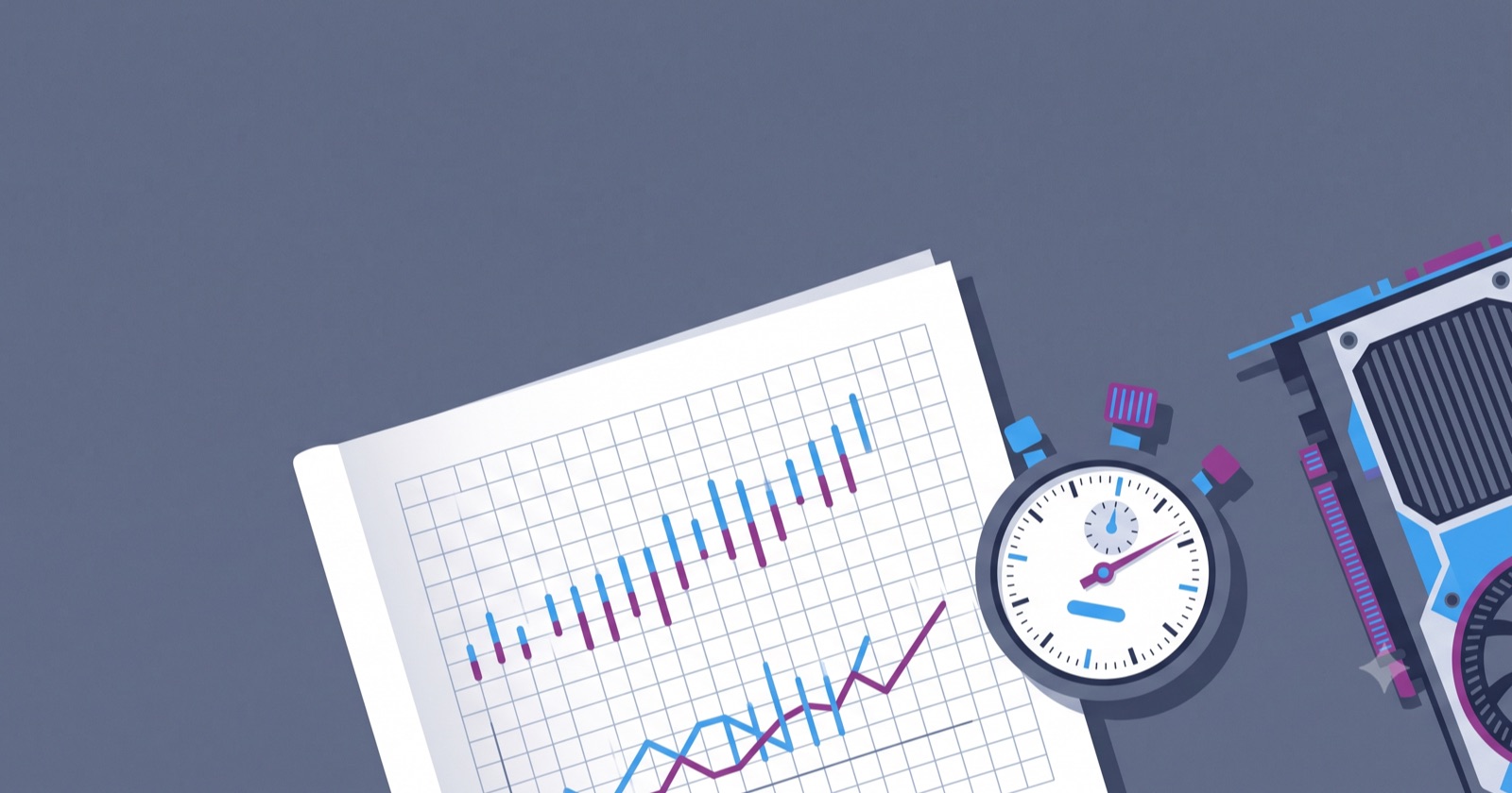 Illustration of a graph-paper notebook with ascending chart marks, a stopwatch, and the edge of a GPU card, laid out flat on a slate background.