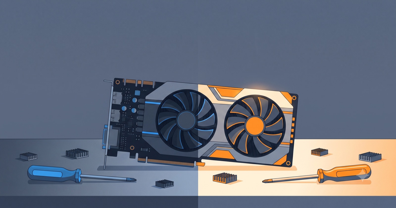 Illustration of a dual-fan workstation GPU on a workbench, lit dim and cold on the left half and warm and bright on the right, with heat sinks and screwdrivers scattered around it.