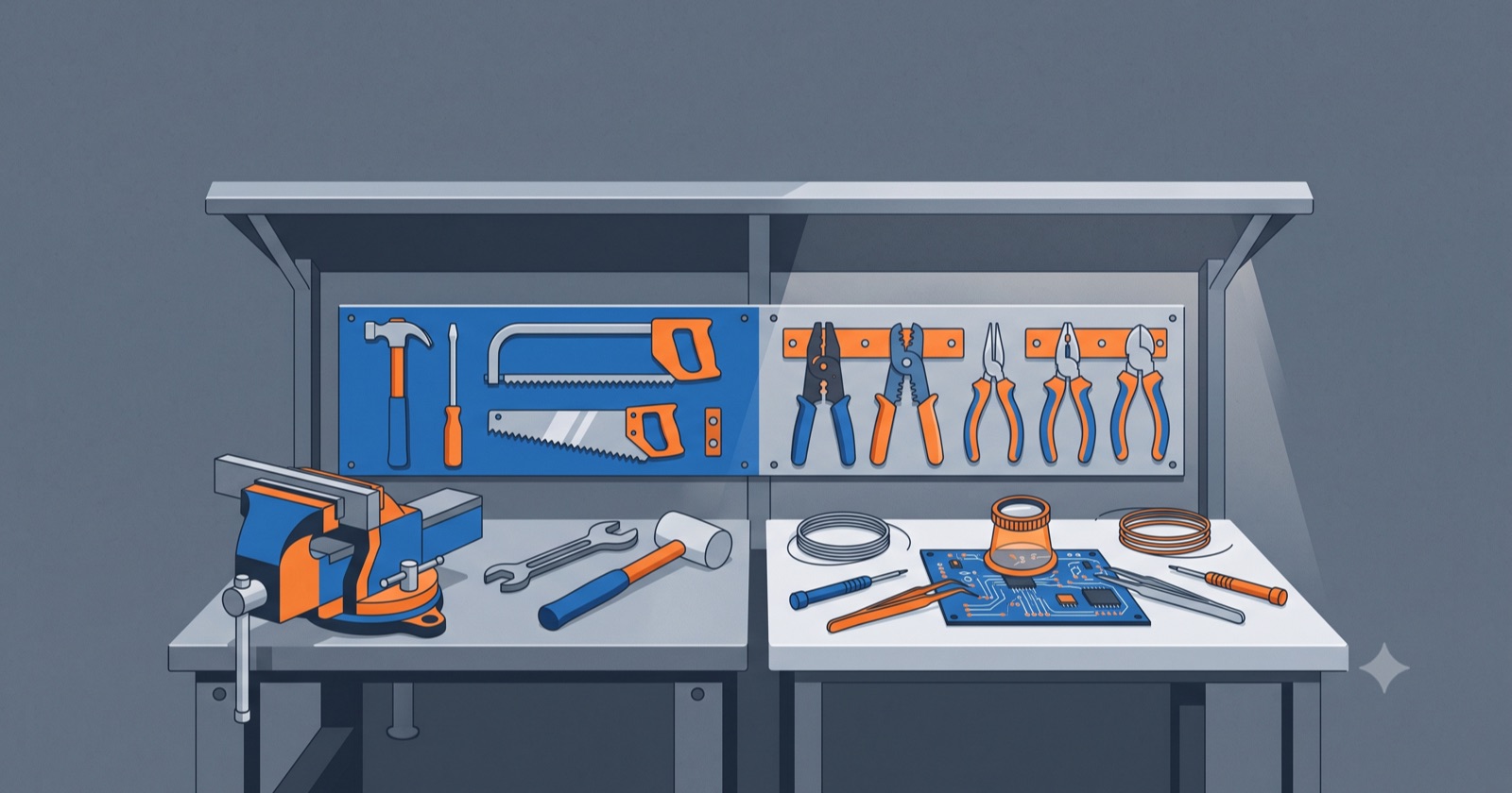 Illustration of two workbenches under one shelf: a heavy vise, saws, and a mallet on the left bench, and a loupe, tweezers, and a circuit board on the right.
